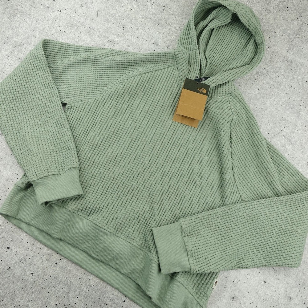 The North Face Chabot Hoodie Women Small Slate Moss Waffle Knit Relaxed Fit